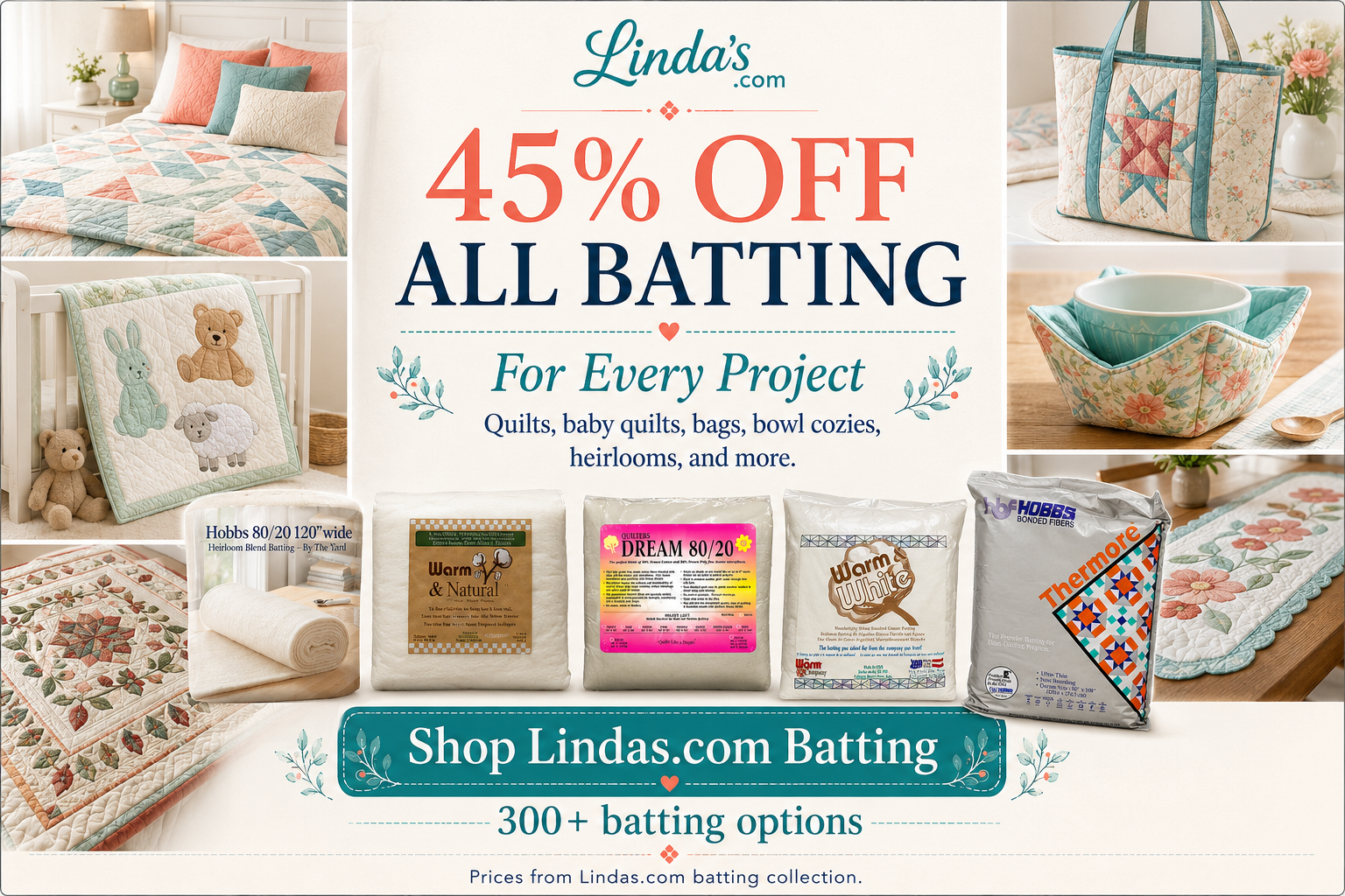 A bright, cream-colored quilting advertisement is arranged as a collage around a central text panel, with pastel patchwork quilts on beds, a nursery q...