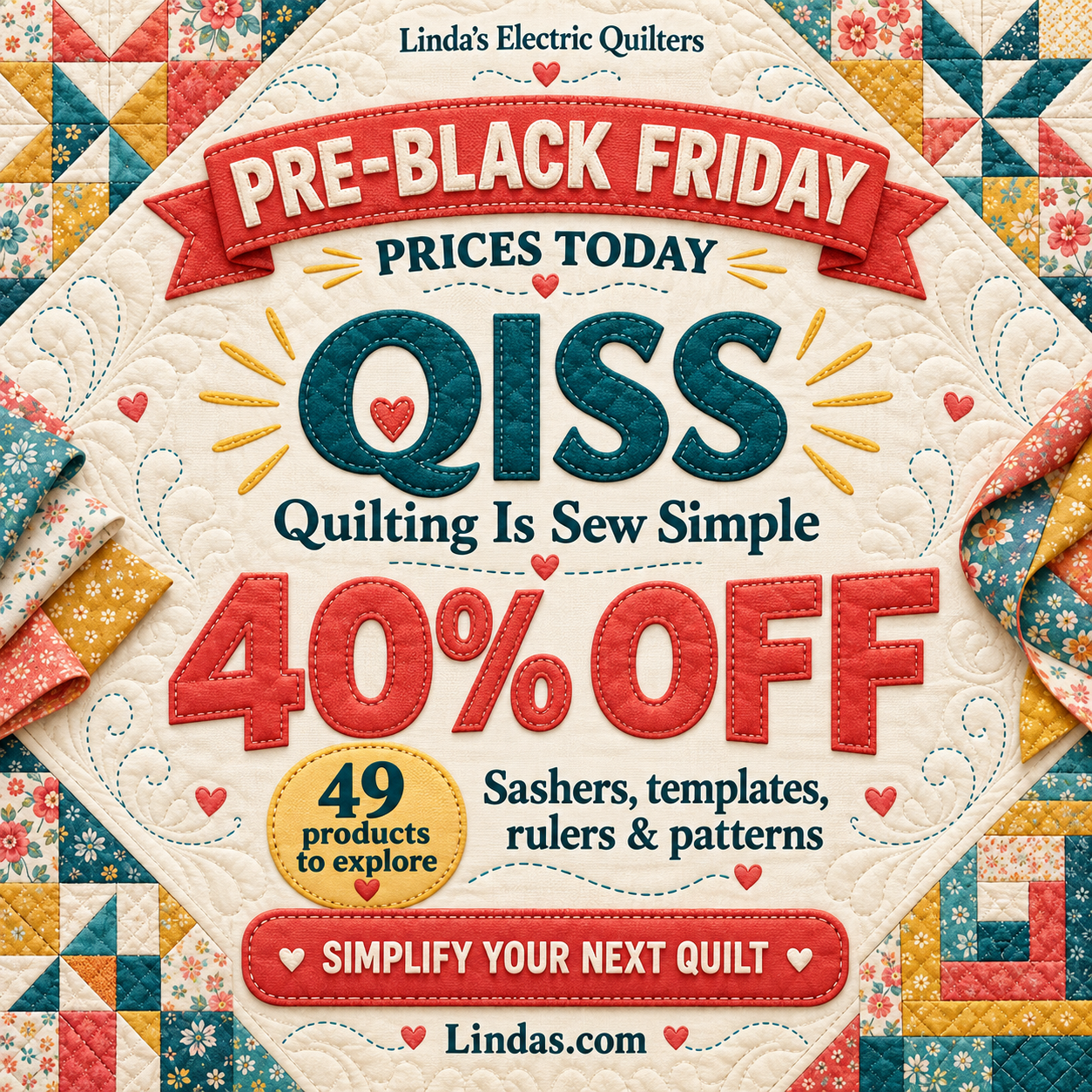 A square, front-facing promotional quilt design fills the frame, with a cream stitched center surrounded by patchwork squares and folded floral fabric...
