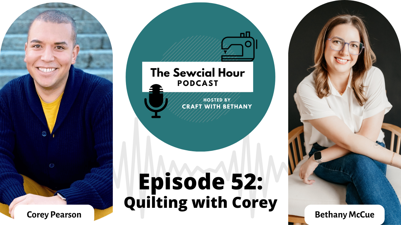 A wide promotional graphic on a white background shows a seated man in a navy cardigan and yellow shirt at left, a teal circular podcast logo in the c...