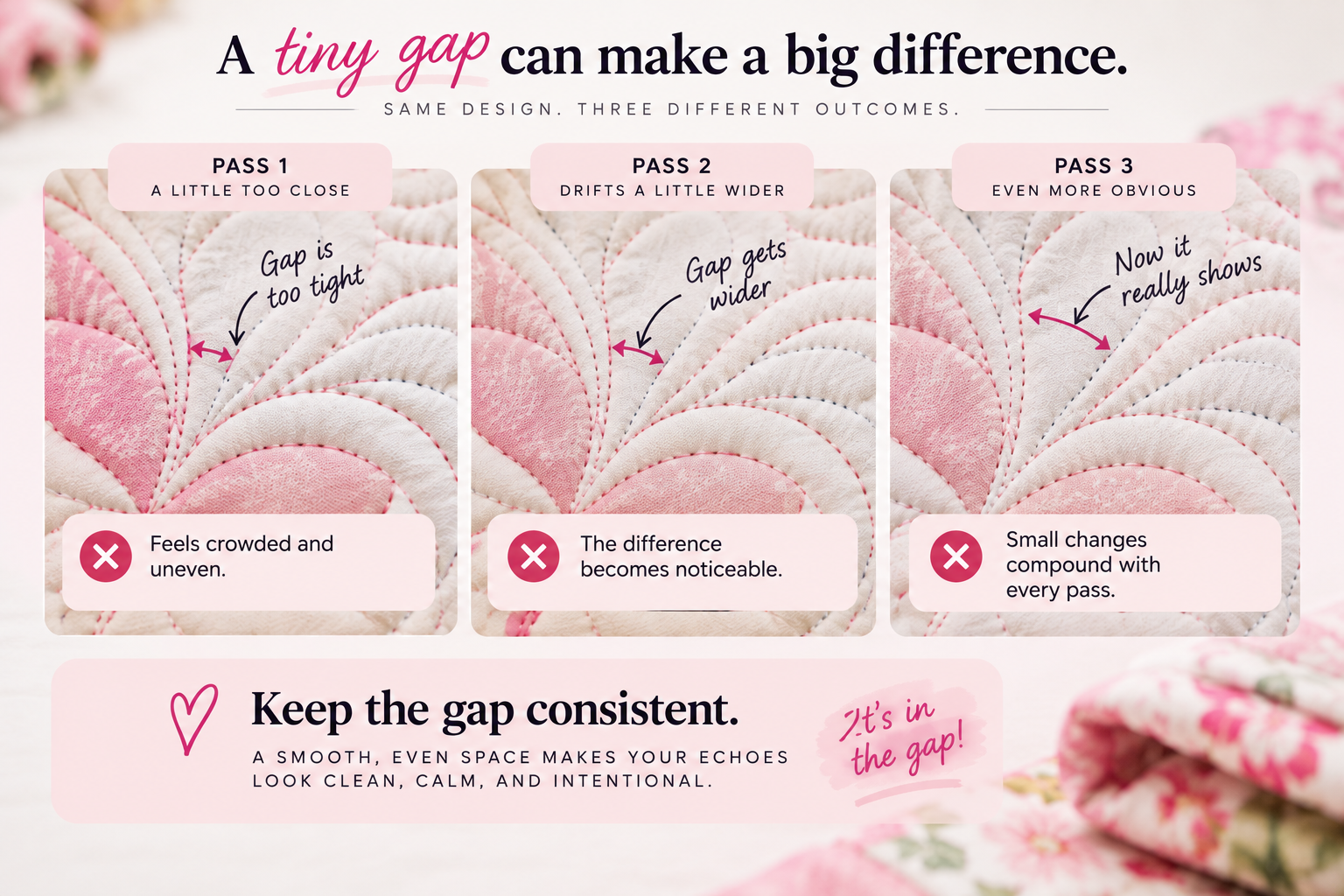 Echo quilting spacing comparison on a pink and cream quilted feather: pass 1 the gap is too tight, pass 2 the gap drifts wider, pass 3 the uneven spacing is obvious — keep the gap consistent for clean, calm echoes