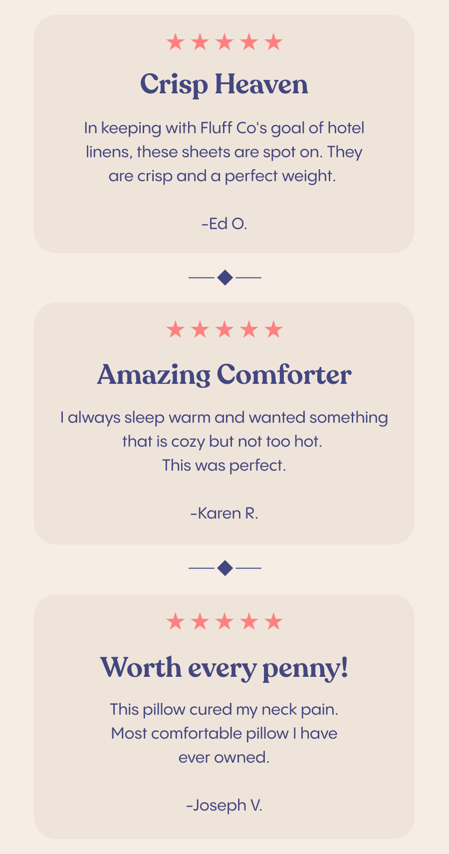 A vertical graphic with three rounded beige testimonial panels on a pale cream background, each topped with five coral stars and separated by navy hor...